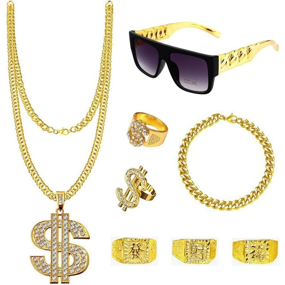 80s 90s Hip Hop Costume Accessories Jewelry Sunglasses Ring Set for Men Women